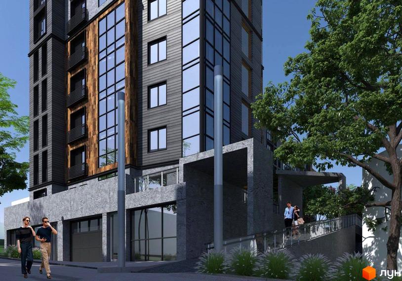 Зображення фасаду будинку Житлового комплексу Фордевінд з великими вікнами та прибудинковою територією з деревами.