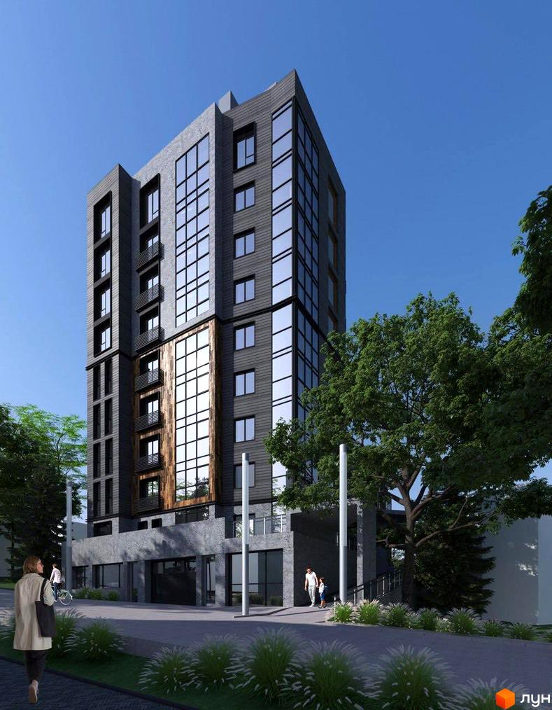 Зображення багатоповерхового будинку в Житловому комплексі Фордевінд з великими вікнами та прилеглою територією.