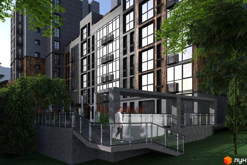 Зображення фасаду та прибудинкової території Житлового комплексу Фордевінд. Багатоквартирний будинок з великими вікнами та скляною огорожею.