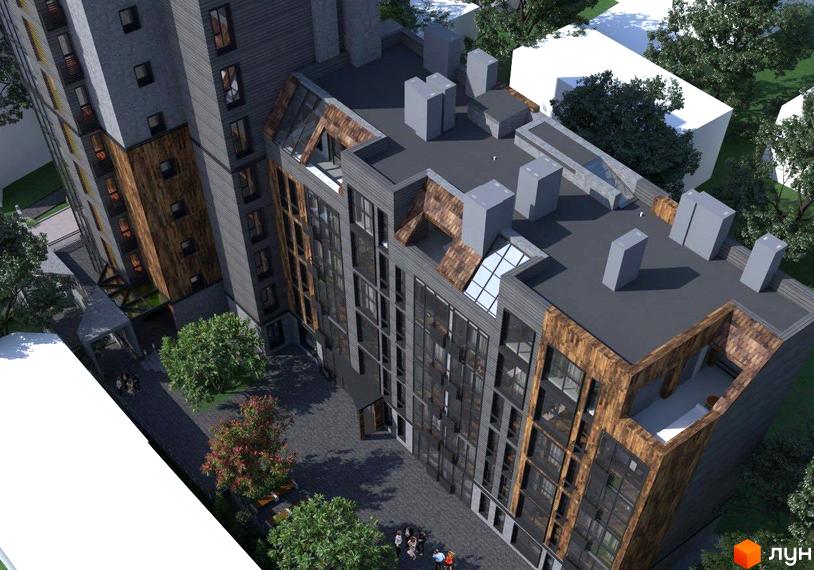 Зображення фасаду та прибудинкової території Житлового комплексу Фордевінд. Вигляд зверху на будівлю та двір з деревами.