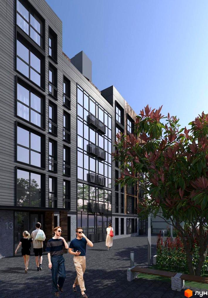 Зовнішній вигляд будівлі Житлового комплексу Фордевінд з великими вікнами та прибудинковою територією.