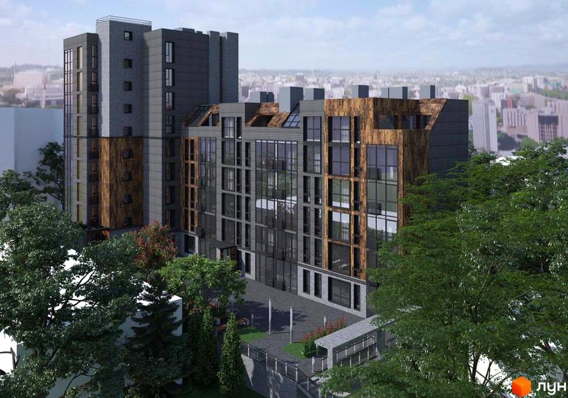 Зображення фасаду будинку Житлового комплексу Фордевінд з великими вікнами та дерев'яним оздобленням. Навколо зелені дерева.