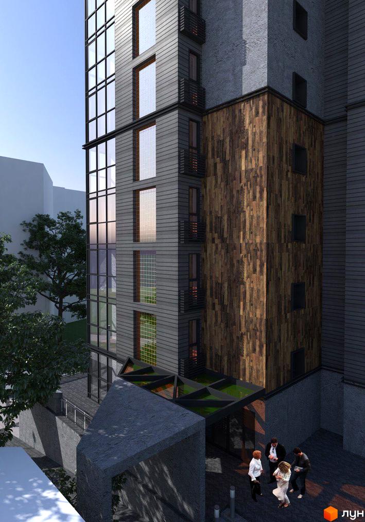 Зображення фасаду та прибудинкової території Житлового комплексу Фордевінд. Багатоповерховий будинок з великими вікнами.