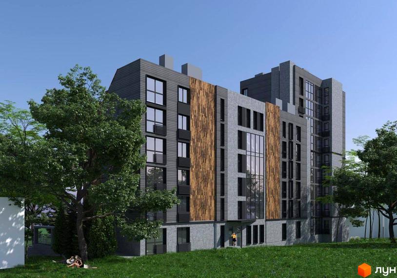 Зображення фасаду та прибудинкової території Новобудови Фордевінд. На передньому плані зелений газон та дерева.