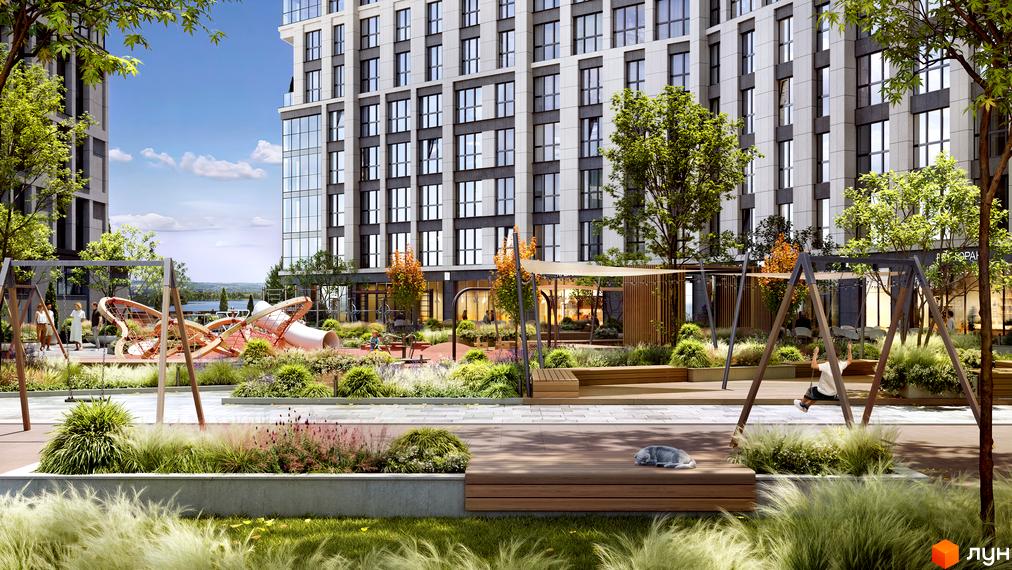 Житловий комплекс Mont Blanc: фасад будівлі та дитячий майданчик з гойдалками та ігровими елементами. Територія комплексу облаштована зонами відпочинку та озелененням.