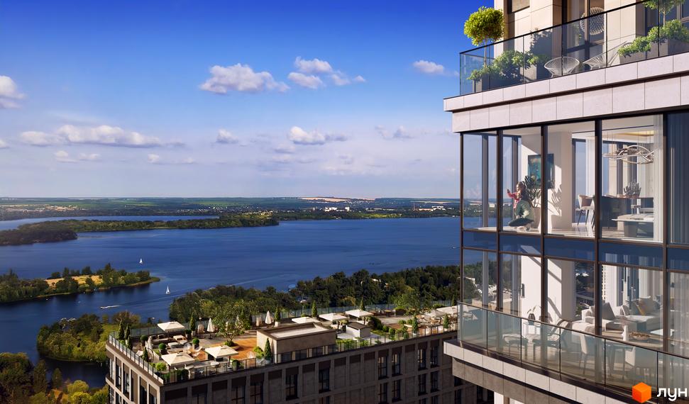 Житловий комплекс Mont Blan з панорамними вікнами та терасами з видом на річку. На даху будинку розташована зона відпочинку з парасольками.