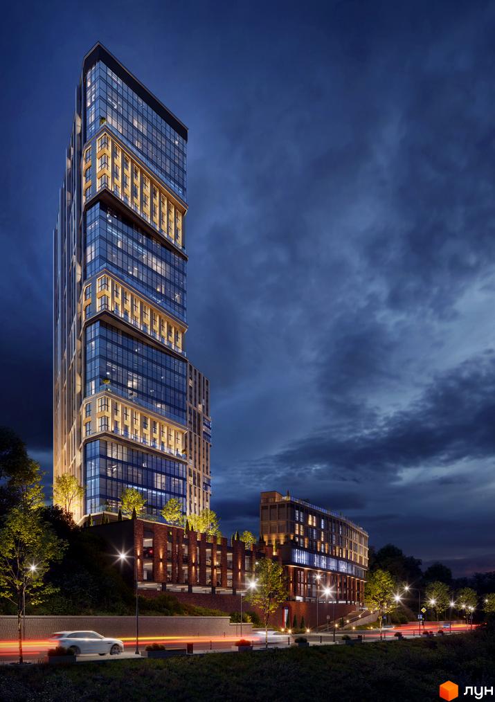 Житловий комплекс Mont Blanc - висотна будівля з панорамним склінням та підсвічуванням, розташована на схилі з деревами та дорогою з автомобілями.