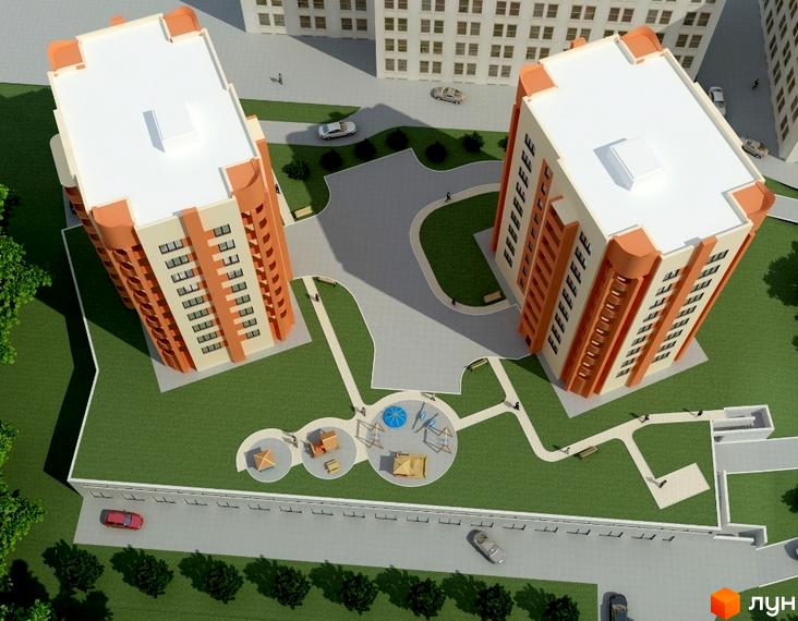 Житловий комплекс на вул. Свободи, 8в з двома будинками та прибудинковою територією, що включає дитячий майданчик.