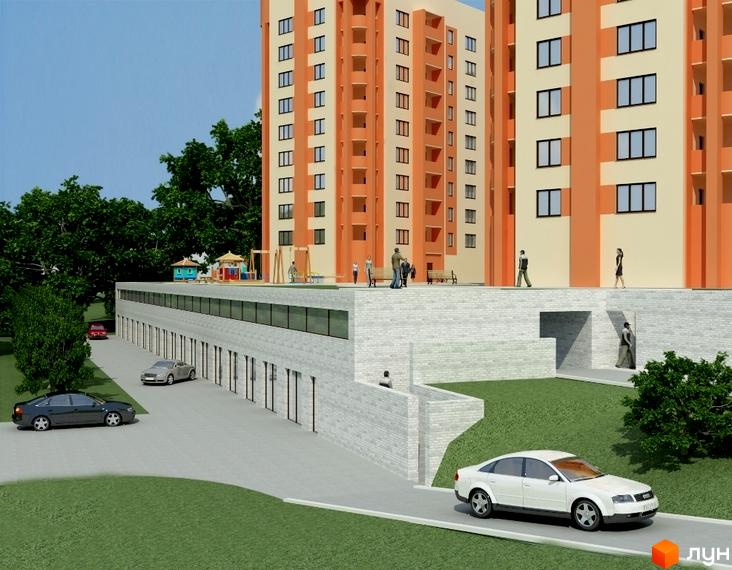 Житловий комплекс на вул. Свободи, 8в. Вид на фасад будинку та прибудинкову територію з паркувальними місцями.