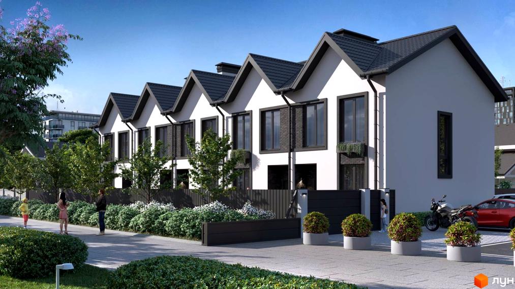 Таунхауси М1: білі будинки з чорними дахами та віконними рамами, що розташовані вздовж вимощеної доріжки з зеленими насадженнями.