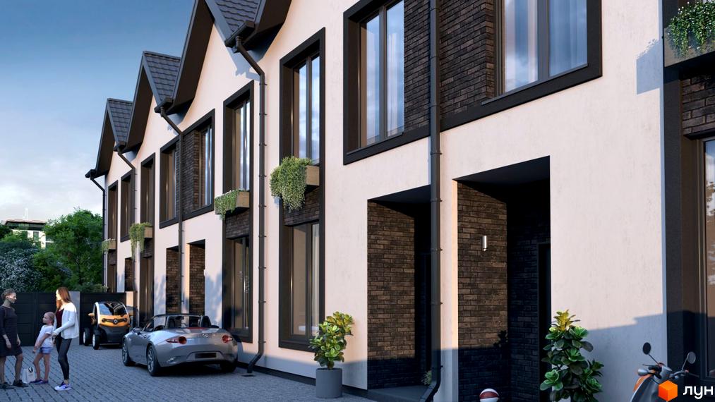 Таунхауси М1: Фасади будинків світлі з темними елементами та великими вікнами. Прибудинкова територія з бруківкою та автомобілями.