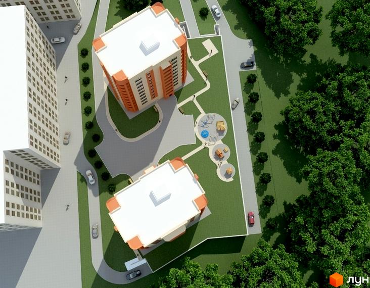 Вид зверху на житловий комплекс на вул. Свободи, 8в. Будинки мають білі дахи та помаранчеві фасади. На прибудинковій території розташовані зелені насадження та дитячий майданчик.