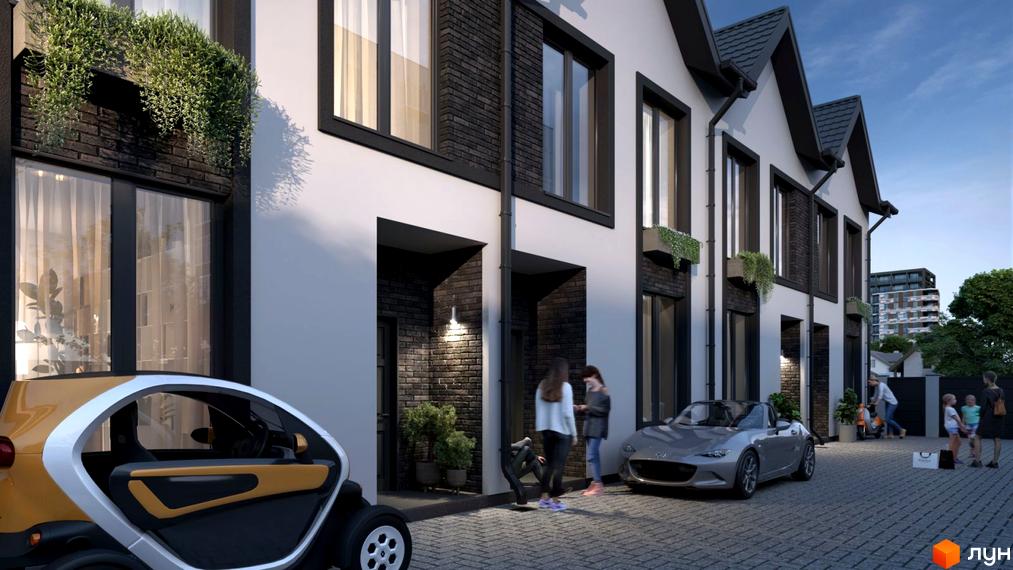 Таунхауси М1: ряд будинків з білими фасадами та темною цеглою, прибудинкова територія з мощенням, автомобілями та людьми.