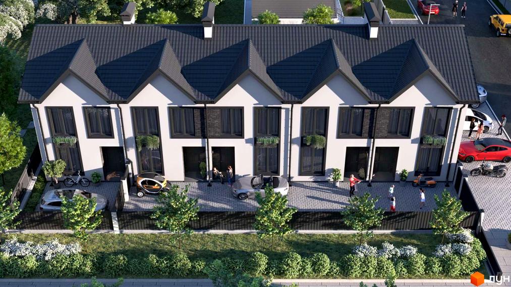 Зображення сторінки житлового комплексу Таунхауси М1. Білі будинки з темним дахом, великими вікнами та доглянутою прибудинковою територією з рослинами та автомобілями.