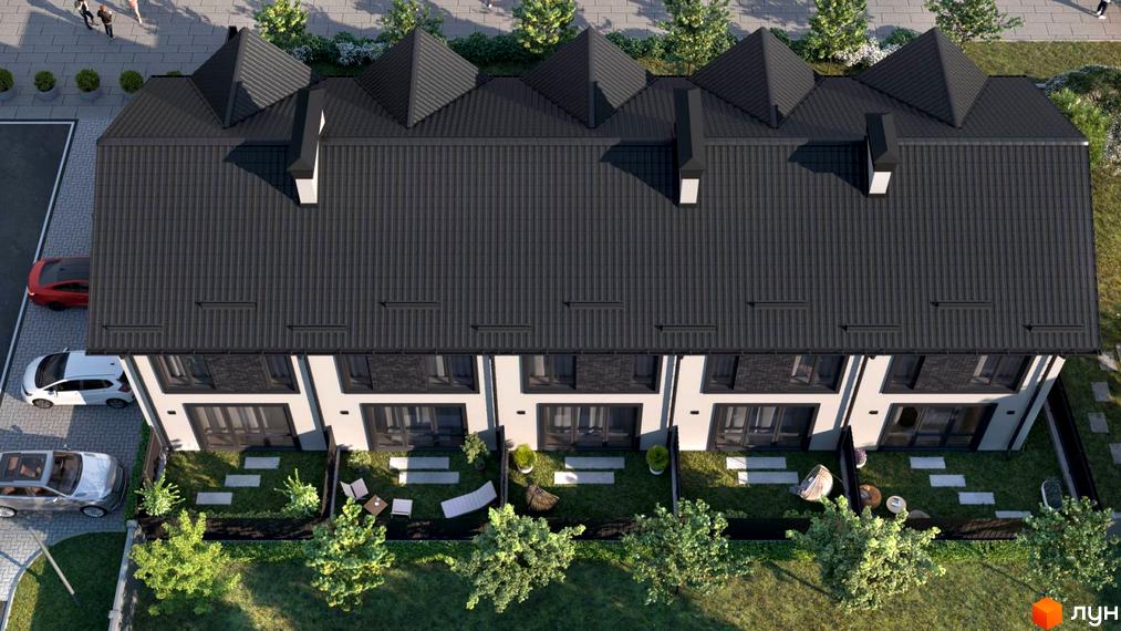 Вигляд зверху на Таунхауси М1: ряд будинків з темними дахами та світлими фасадами, приватні дворики з газонами та місцями для відпочинку.