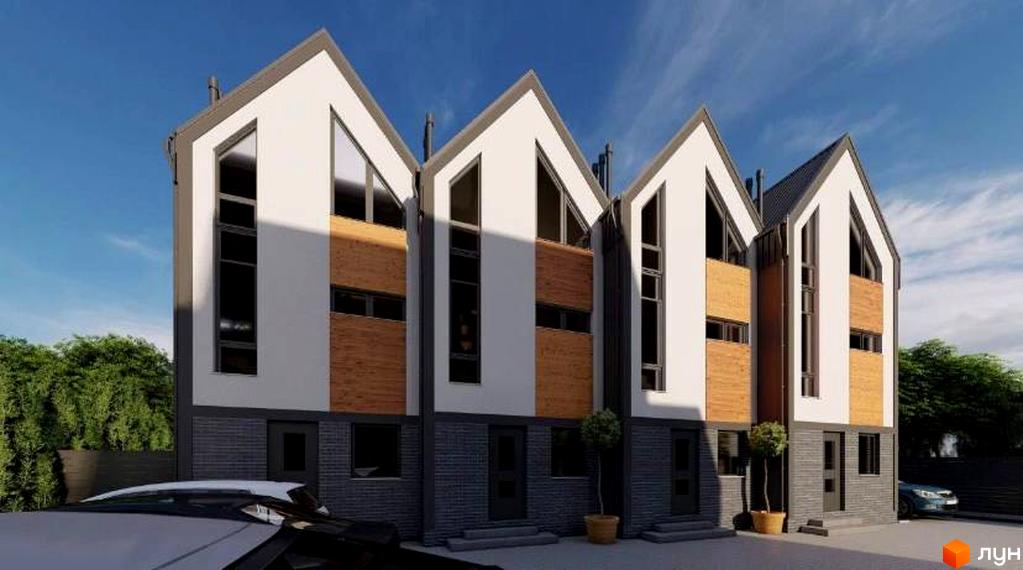 Зображення сторінки житлового комплексу. Ряд будинків з білими стінами, дерев'яними вставками та великими вікнами. На території є дерева та місце для паркування.