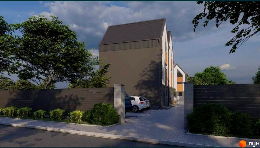 Зображення сторінки житлового комплексу Kulbaba Sofia. На фото видно будівлю з темним дахом та парковку для автомобілів, огороджену парканом.