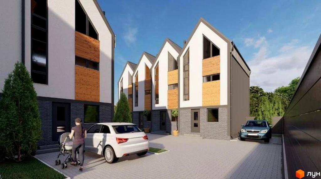 Зображення фасаду таунхаусів Kulbaba Sofia. На передньому плані припарковані автомобілі, люди з дитячим візком, бруківка.