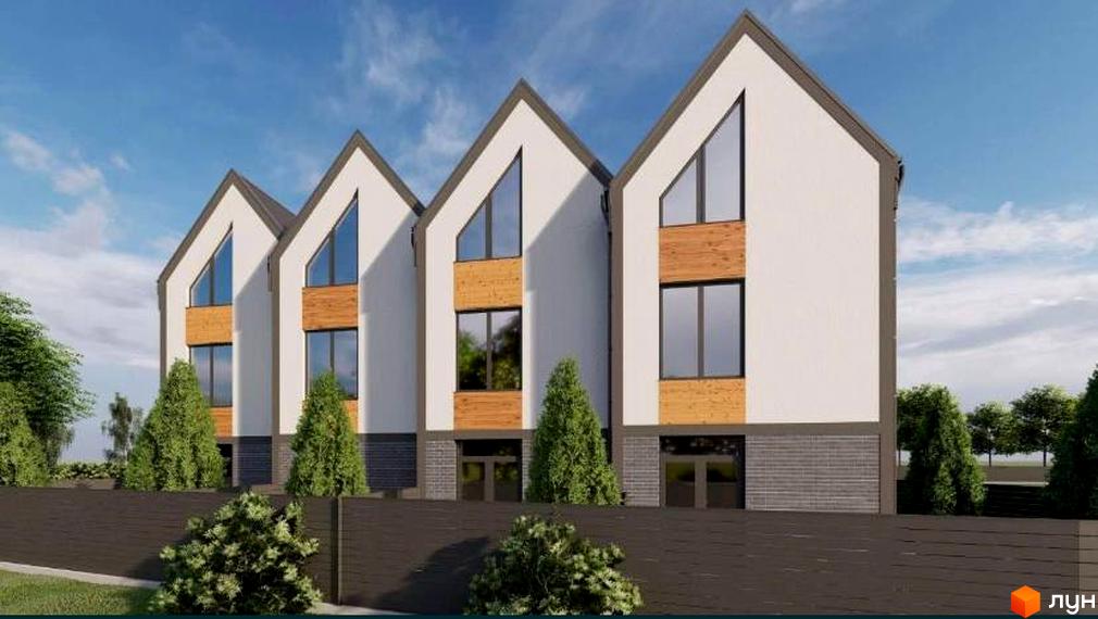 Зображення Таунхаусів Kulbaba Sofia: чотири білі будинки з темними дахами та дерев'яними вставками, оточені зеленими насадженнями та парканом.