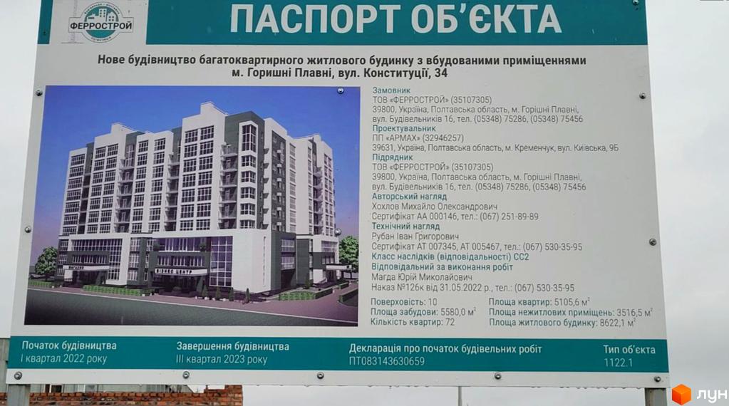 Зображення житлового комплексу на вул. Конституції, 34 у Горішніх Плавнях. Десятиповерховий будинок з сіро-білим фасадом, вбудованими приміщеннями та озелененням.