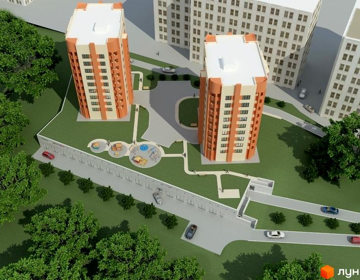 Зовнішній вигляд житлового комплексу на вул. Свободи, 8в. На зображенні видно два високі будинки з цегляним фасадом та прибудинкову територію з дитячим майданчиком та зеленими насадженнями.