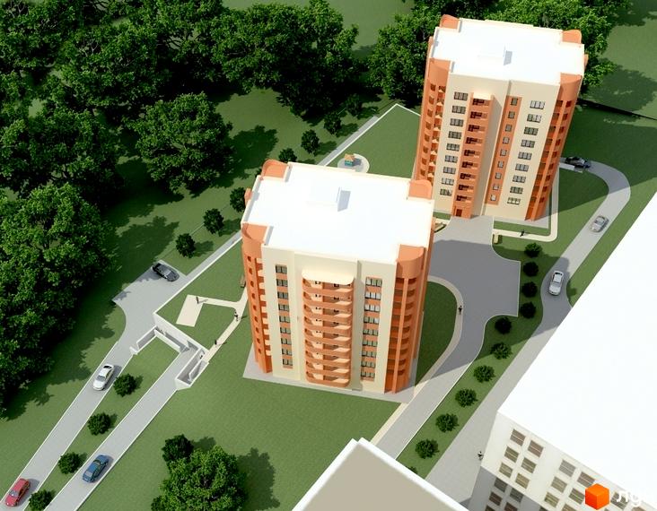 Житловий комплекс на вул. Свободи, 8в. Високі будинки з балконами та паркуванням навколо. Зелена територія з деревами та доріжками.