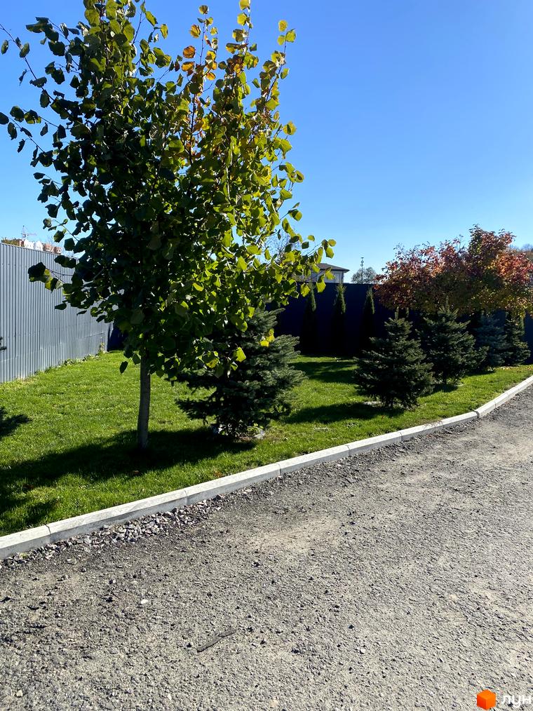 КГ Lugovoy: зелений газон, дерева та кущі біля будинку. Прибудинкова територія з доглянутим ландшафтом.