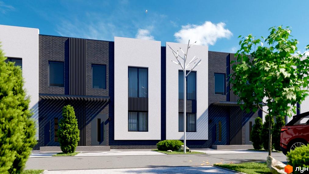 Зображення таунхаусів Kulbaba Bilogorodka: двоповерхові будинки з темним цегляним фасадом, білими елементами та великими вікнами, поруч зелені дерева та кущі.