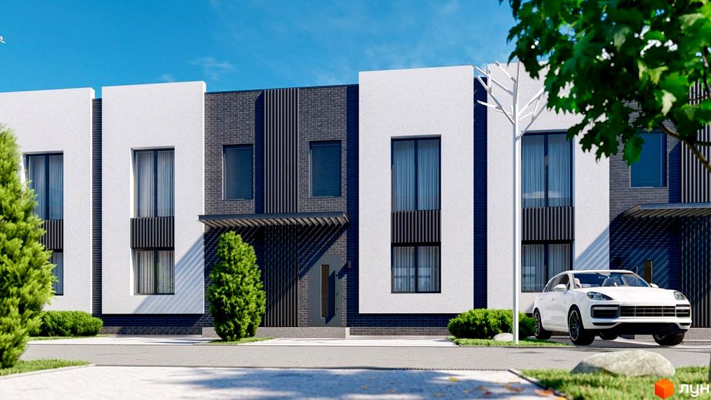 Фасад таунхаусів Kulbaba Bilogorodka з білими стінами, темними вікнами та декоративними елементами. На території є зелені насадження та припаркований автомобіль.