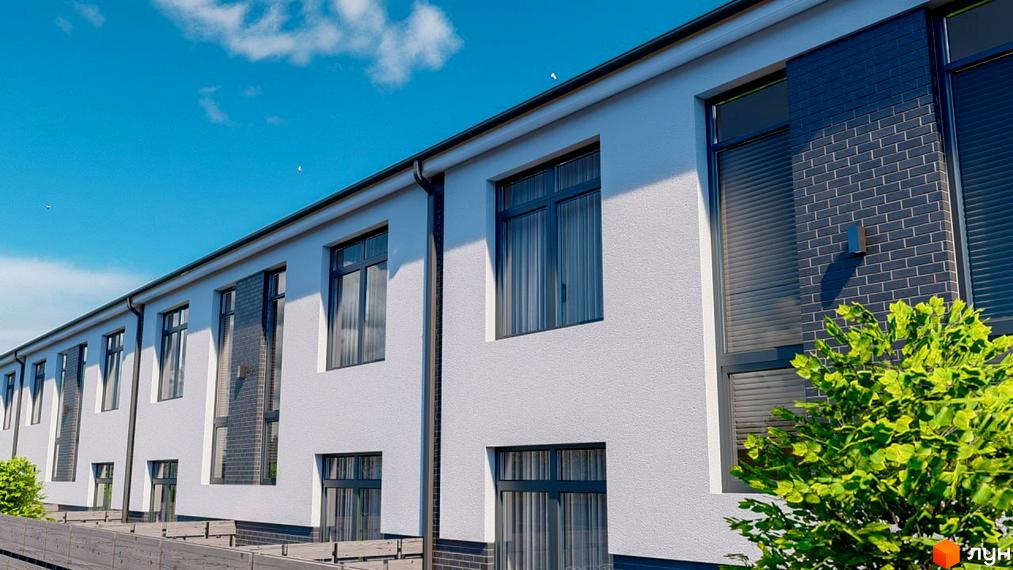 Фасад таунхаусів Kulbaba Bilogorodka з білими стінами, темними вікнами та цегляними вставками. На передньому плані зелені кущі та огорожа.