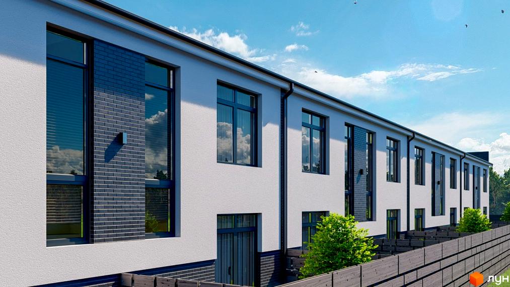 Ряд білих таунхаусів Kulbaba Bilogorodka з темними віконними рамами та цегляними вставками. Перед будинками розташований дерев'яний паркан та зелені насадження.