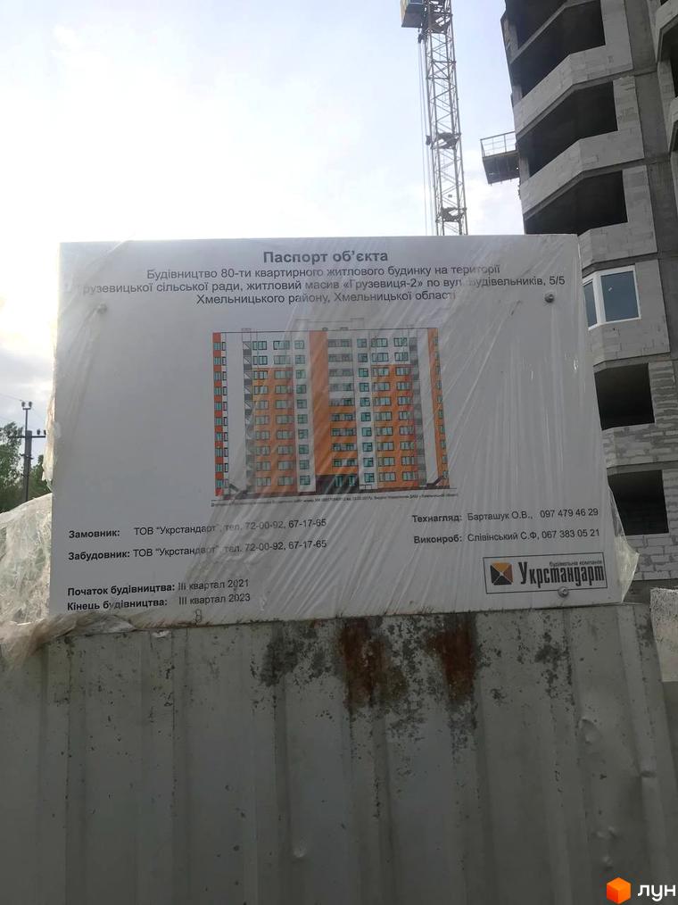 Фото будівництва багатоповерхової новобудови на житловому масиві Грузевиця-2, з інформаційним стендом про проєкт.