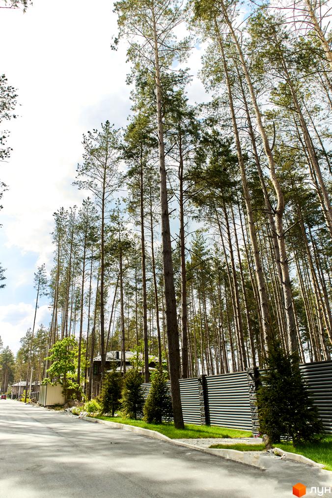 Зображення сторінки житлового комплексу КМ Квітка Полонини. На фото видно дорогу, будинки, огорожу та високі дерева.