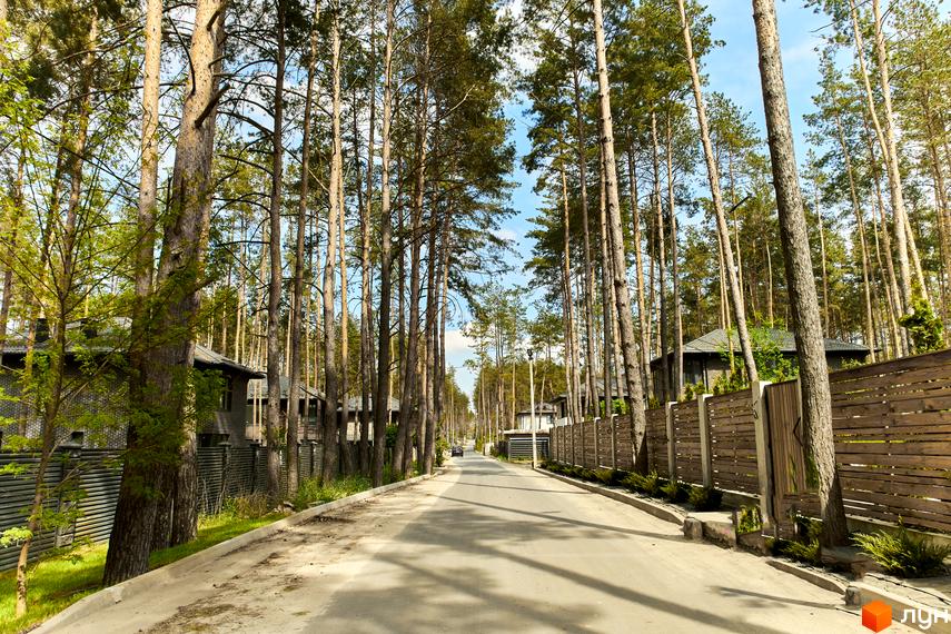 Вулиця в Котеджному містечку Квітка Полонини з будинками з дерев'яними парканами та високими соснами.