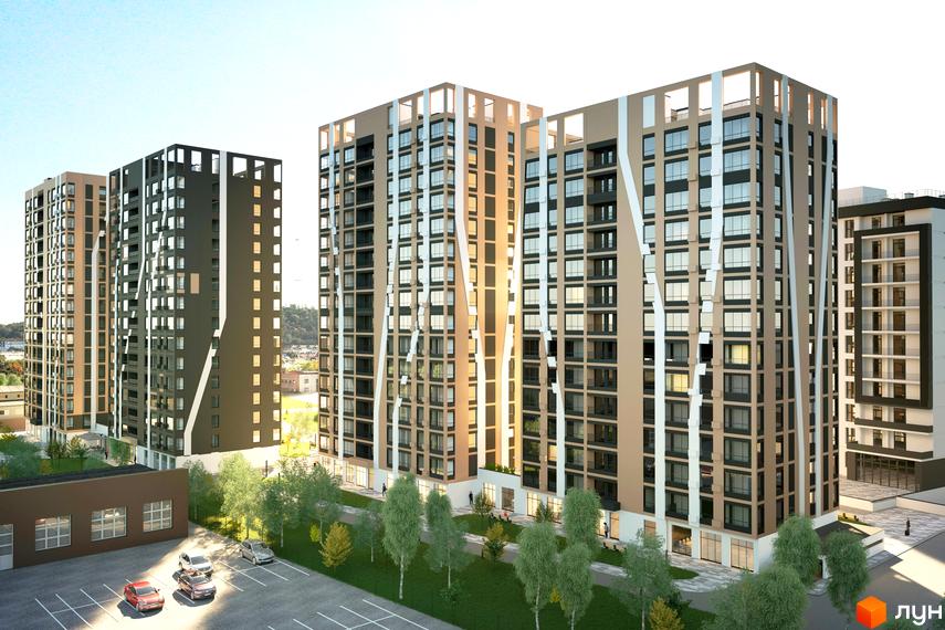 Зовнішній вигляд житлового комплексу Beethoven з багатоповерховими будинками та прибудинковою територією з деревами та парковкою.