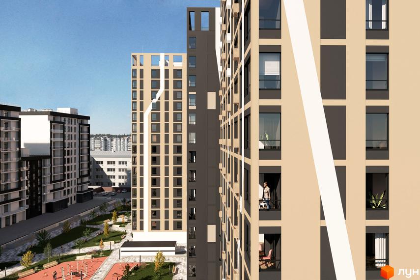 Зовнішній вигляд новобудови ЖК Бетховен з вікнами та балконами, поруч розташований внутрішній двір з дитячим майданчиком та зонами відпочинку.