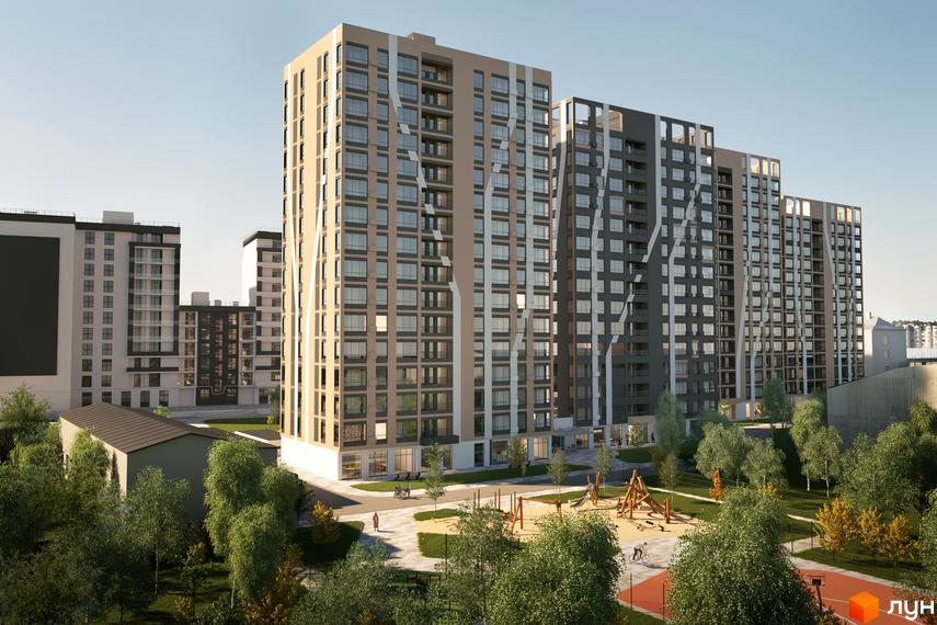 Житловий комплекс Бетховен: висотні будинки з панорамними вікнами та оригінальним дизайном фасаду. Поруч розташований дитячий майданчик та зелена зона.