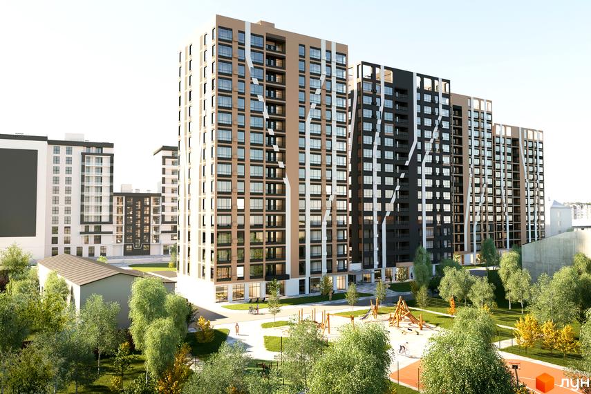 Житловий комплекс Beethoven: сучасні багатоповерхові будинки з панорамними вікнами та дитячим майданчиком на прибудинковій території.