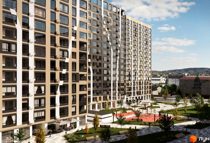 Житловий комплекс Бетховен - це сучасна новобудова з багатоповерховими будинками та доглянутою прибудинковою територією з дитячим майданчиком та зонами відпочинку.