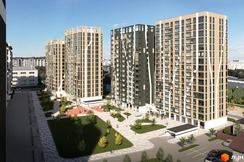 Житловий комплекс Бетховен з висоти пташиного польоту, що демонструє сучасну архітектуру та зелену прибудинкову територію з дитячим майданчиком.