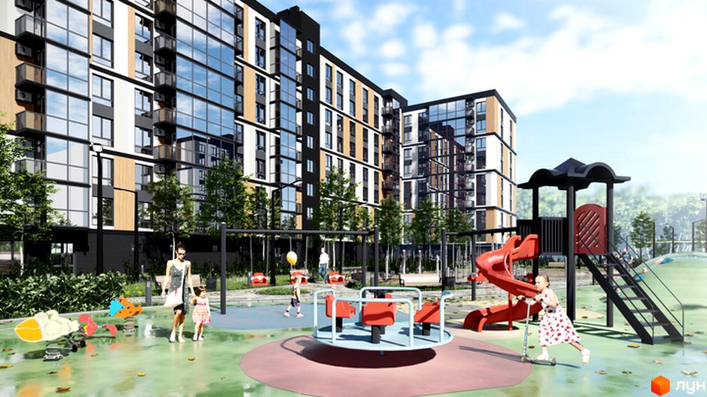 Високоповерховий будинок ЖК ATMOSFERA LIFE з великими вікнами та дитячим майданчиком на прибудинковій території.