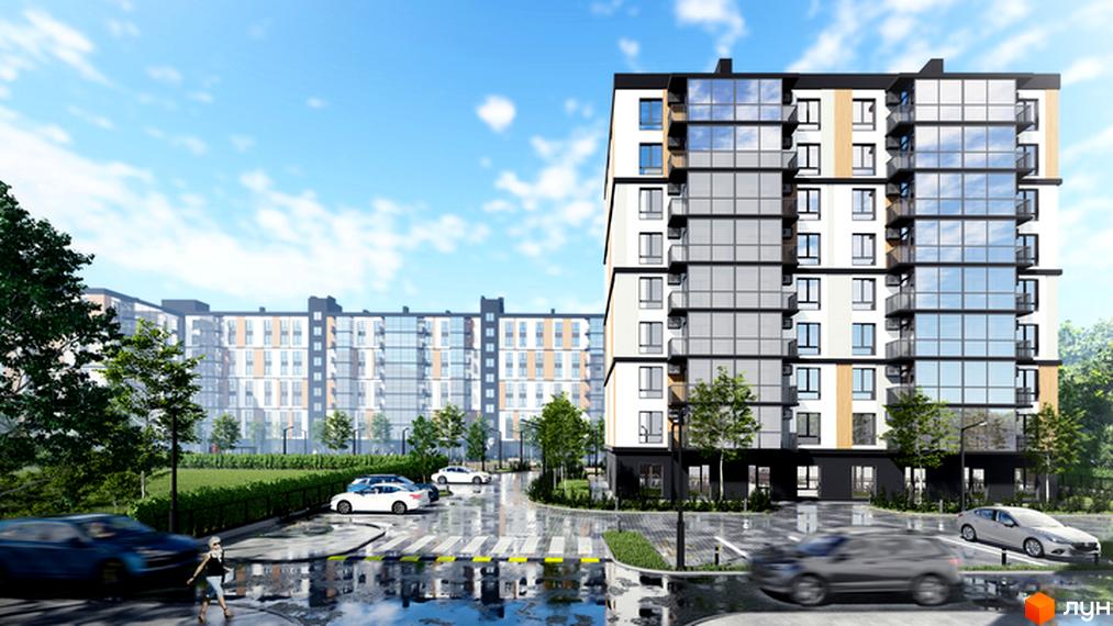 Висотна новобудова ЖК ATMOSFERA LIFE з панорамним склінням та просторою прибудинковою територією з парковкою та зеленими насадженнями.