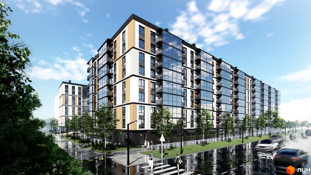 Багатоповерхова новобудова ЖК ATMOSFERA LIFE з панорамними вікнами та балконами. На території будинку є зелені насадження, тротуар та проїжджа частина.