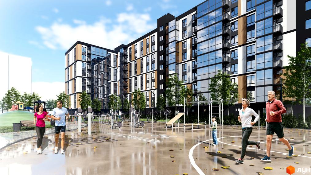 Житловий комплекс ATMOSFERA LIFE з багатоповерховим будинком у темних, білих та дерев'яних тонах. На прибудинковій території розташовані спортивний майданчик та тренажери.