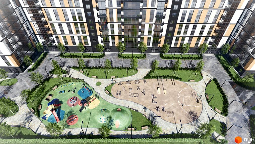 Висотна будівля ЖК ATMOSFERA LIFE з великими вікнами та балконами. На прибудинковій території розташований дитячий майданчик та зона відпочинку.