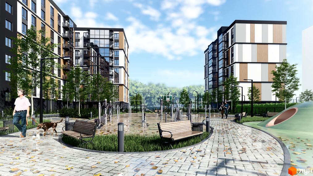 Житловий комплекс ATMOSFERA LIFE: багатоповерхові будинки з комбінованим фасадом та облаштована прибудинкова територія зі спортивним майданчиком і зонами відпочинку.