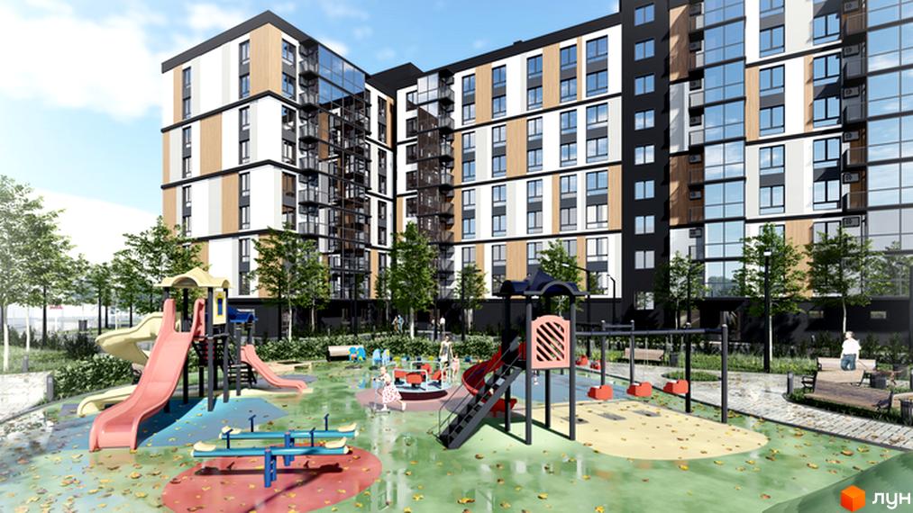 Житловий комплекс ATMOSFERA LIFE: багатоповерховий будинок з білими, коричневими та темними фасадами. Поруч дитячий майданчик з гірками та гойдалками.
