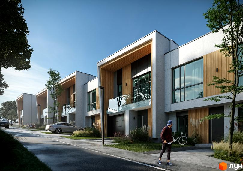 Таунхауси FIRST: ряд будівель зі світлими фасадами, дерев'яними вставками та великими вікнами. Прибудинкова територія з озелененням та пішохідними доріжками.