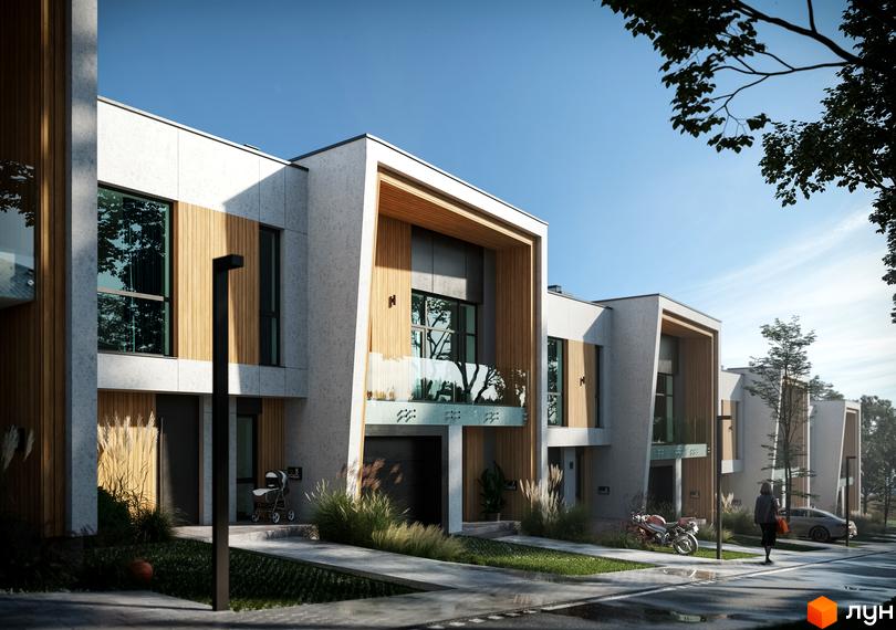 Таунхауси FIRST з фасадами зі світлих панелей та дерева, великими вікнами. Територія має газони та доріжки.