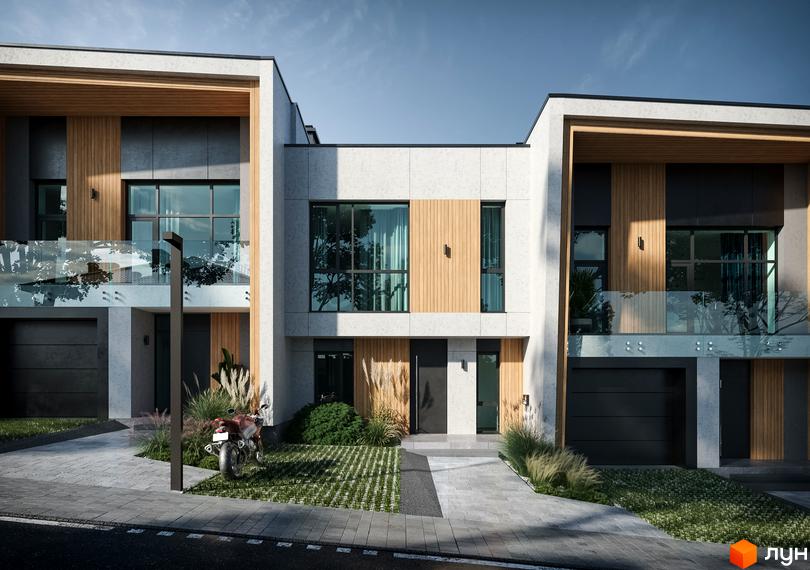 Таунхауси FIRST: Три будинки зі світлими фасадами, дерев'яними вставками та панорамними вікнами. Прибудинкова територія з газонами та доріжками.